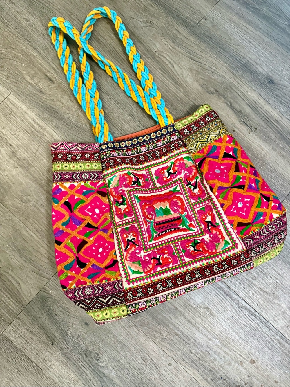 2 Chic Boho Embroidered Tote Bag - Braided Strap Festival bag beach bag